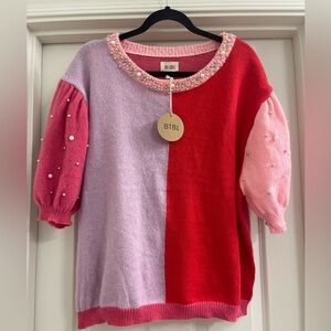 NWT Women’s BiBi Color Block Short Sleeve Sweater with Pearls Size XL